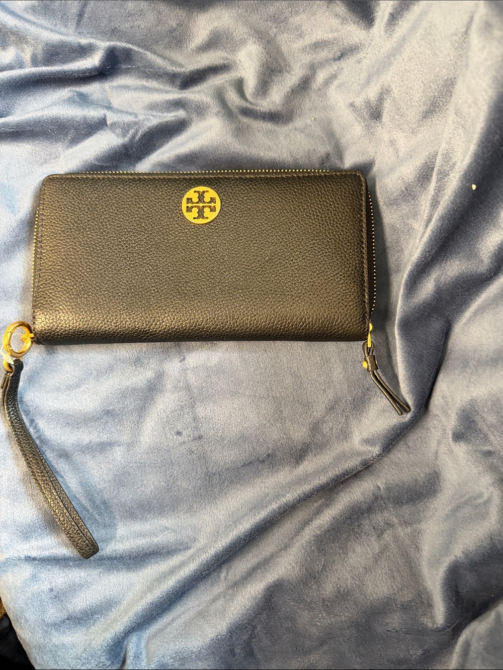 Tory Burch Black Pebbled Leather Wristlet Wallet with Gold Logo